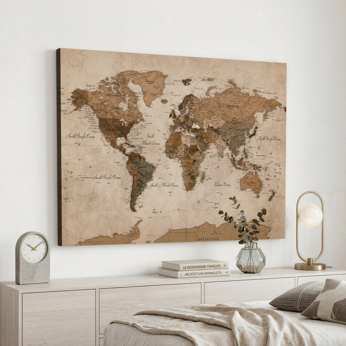 World Map Canvas Wall Art Print, Detailed Global Map Artwork