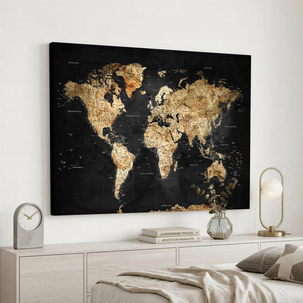 World Map Canvas Wall Art with Famous Landmarks | Framed Travel Map