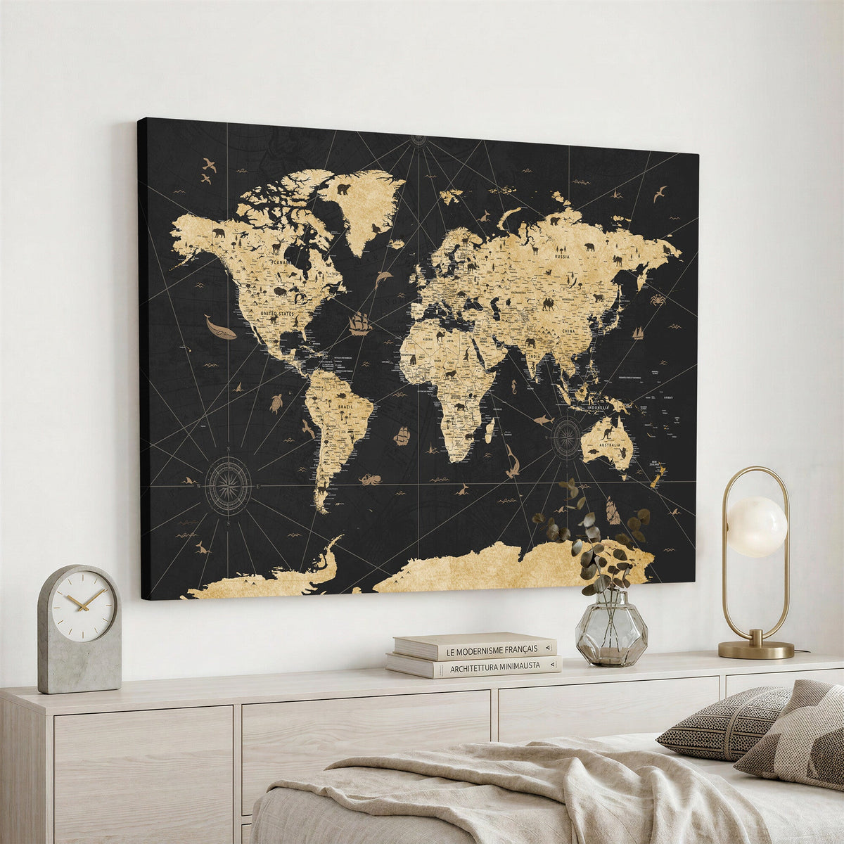Vintage Blue and Brown World Map Canvas Wall Art | Framed Rustic Map Print