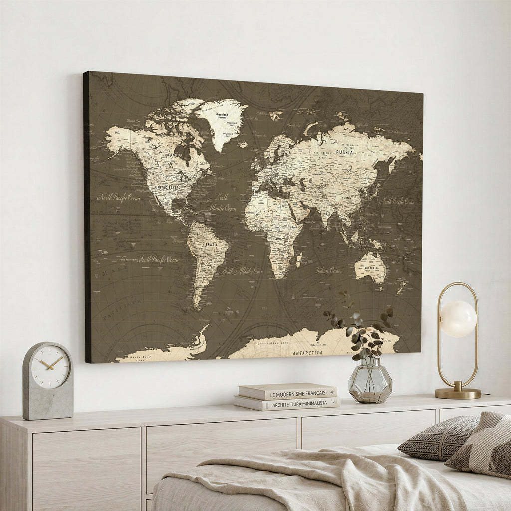 Vintage World Map Canvas Print | Framed Travel Map Wall Art for Couples
