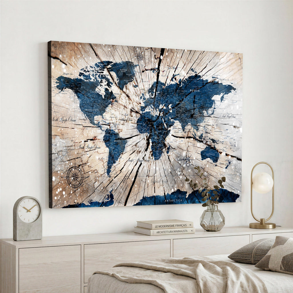 Rustic World Map Canvas Print | Framed Wall Art for Couples