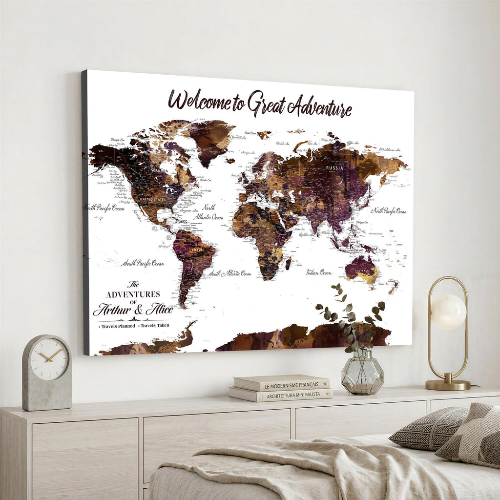 Custom Push Pin World Map Wall Art Canvas Print | Personalized Travel Map