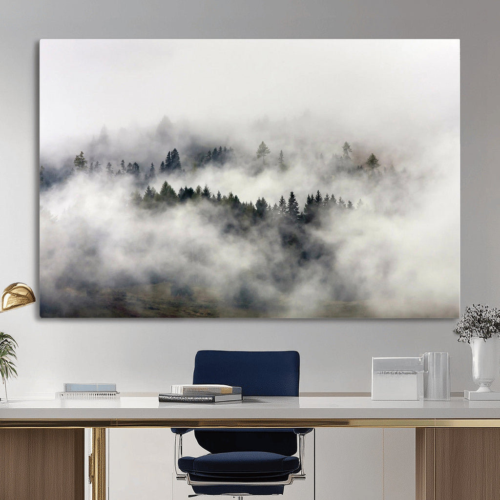 Foggy Forest Wall Art Canvas Print, Misty Pine Tree Landscape