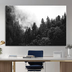 Black White Forest Wall Art Canvas Print, Misty Pine Tree Landscape