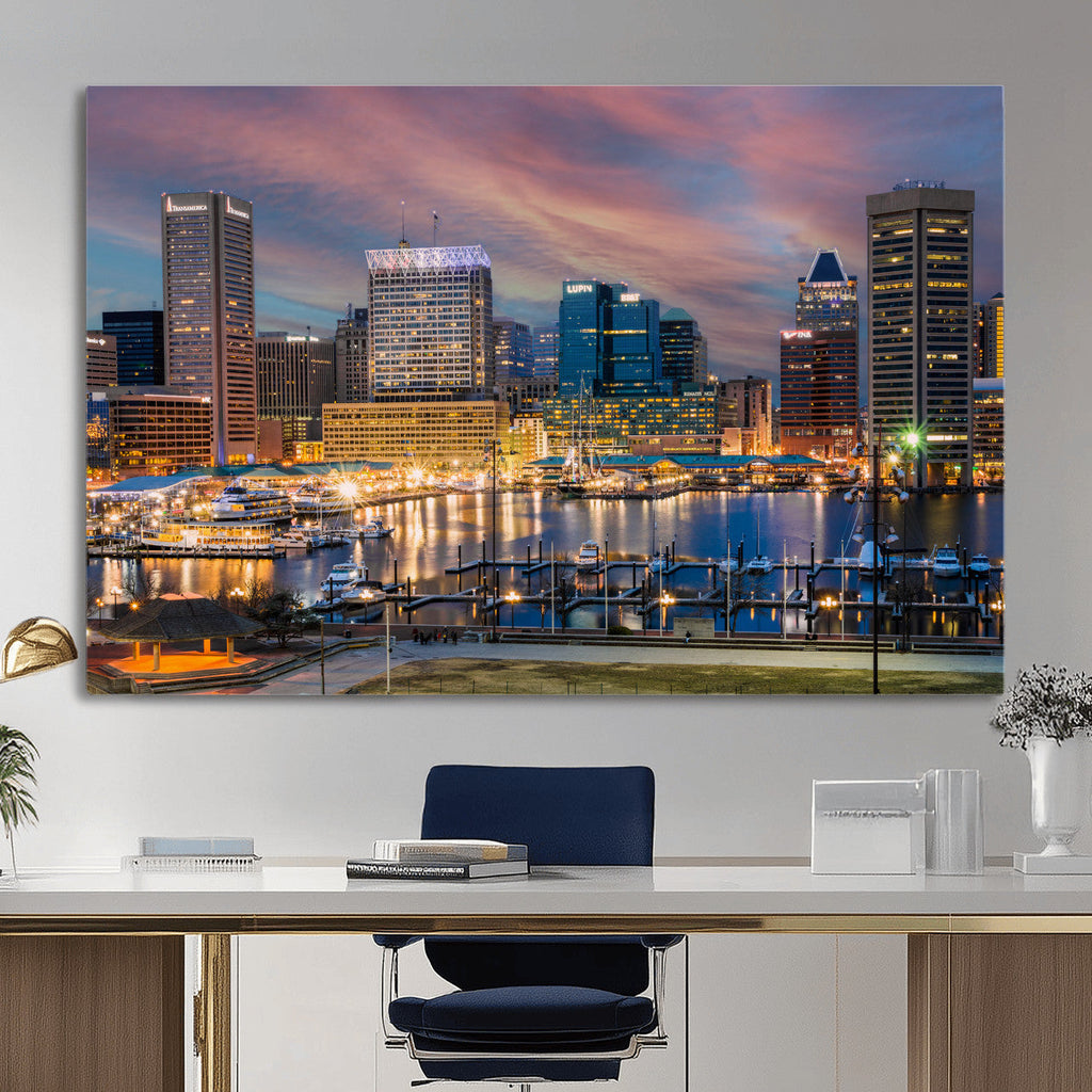 Baltimore Skyline Wall Art Canvas Print, Baltimore Downtown Night Cityscape