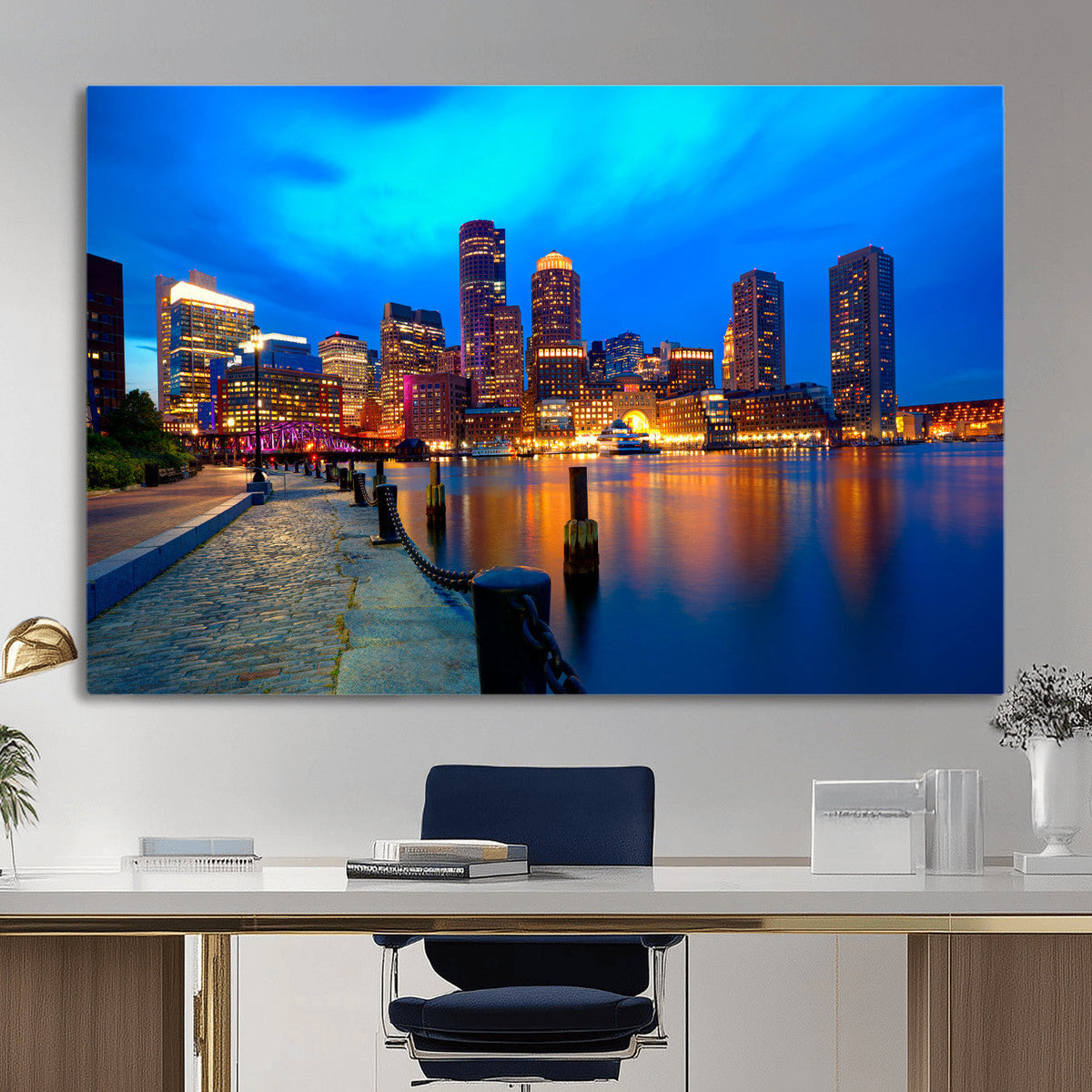 Boston Wall Art Canvas Print, Boston City Downtown Night Cityscape