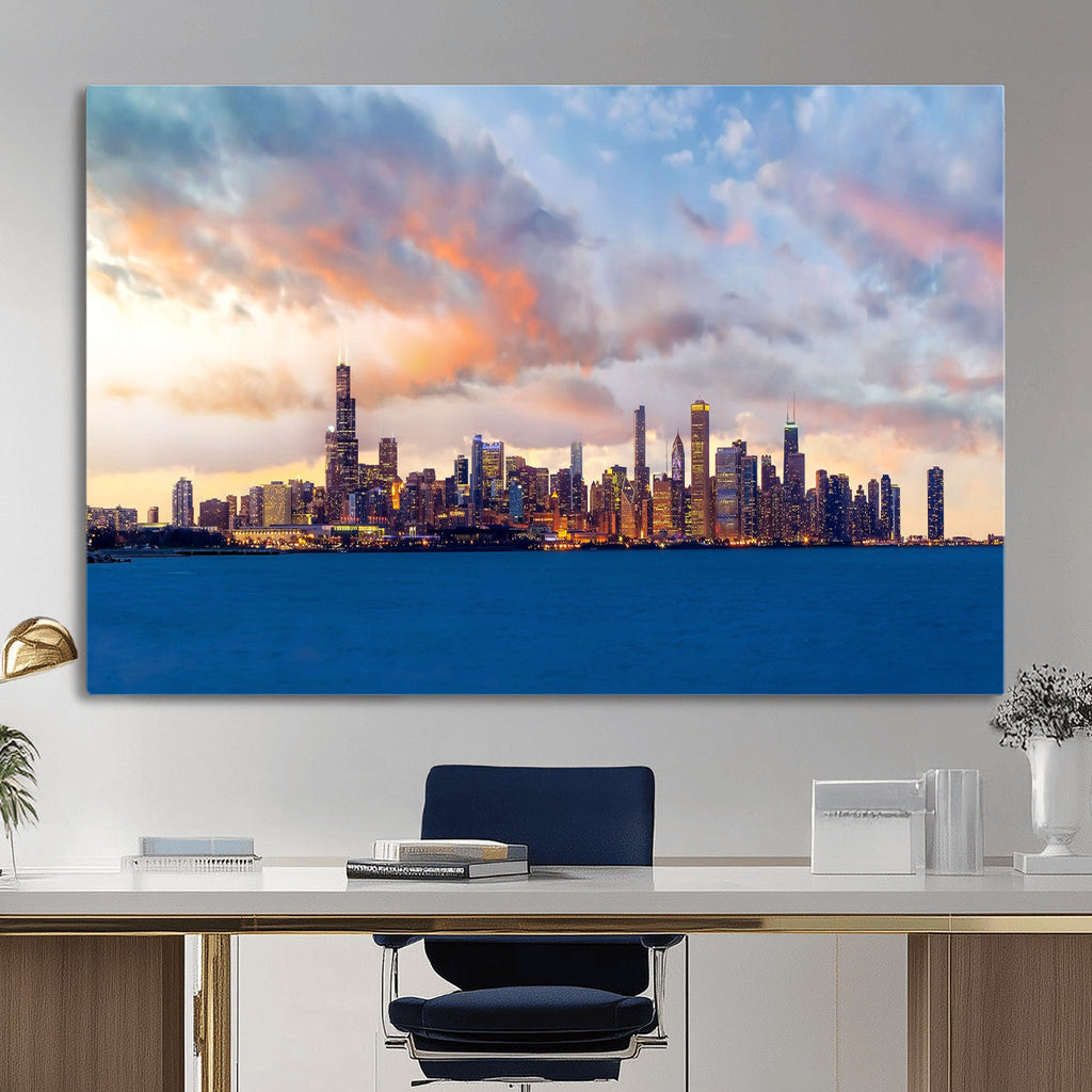 Chicago Wall Art Canvas Print - Chicago City Downtown Night Cityscape