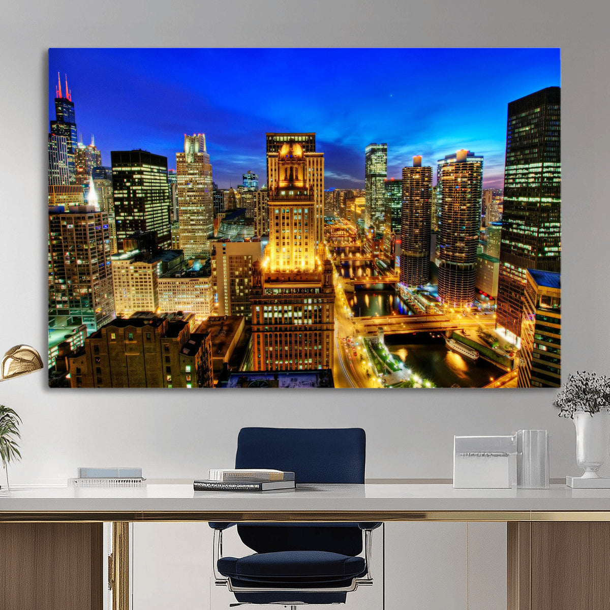 Chicago Wall Art Canvas Print - Chicago City Downtown Night Cityscape