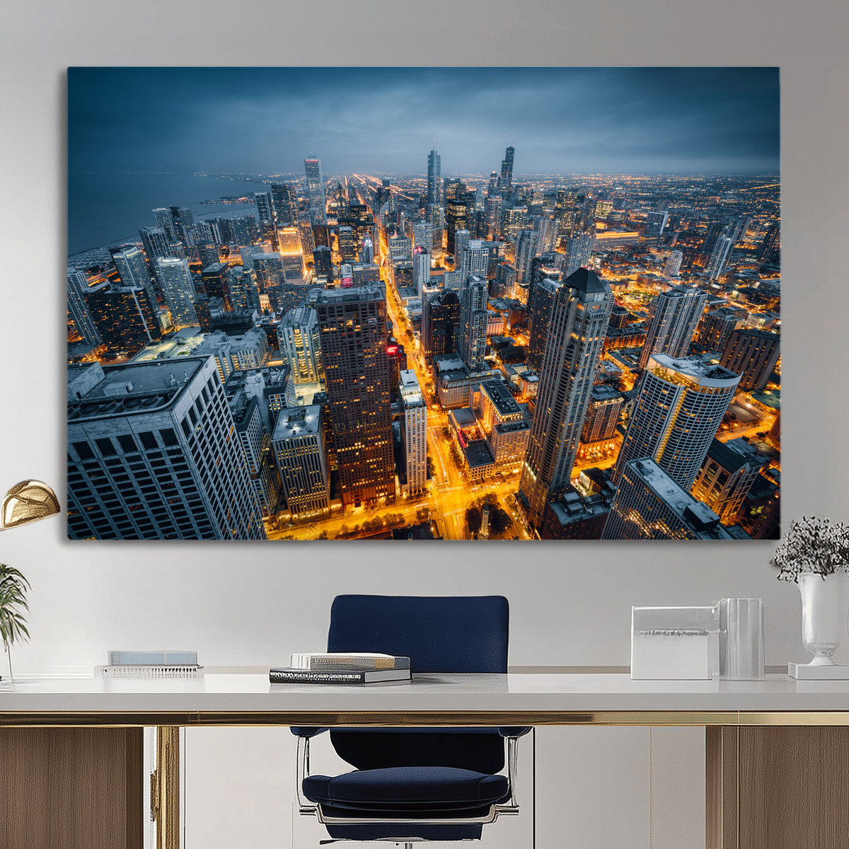 Chicago Wall Art Canvas Print - Chicago City Downtown Night Cityscape