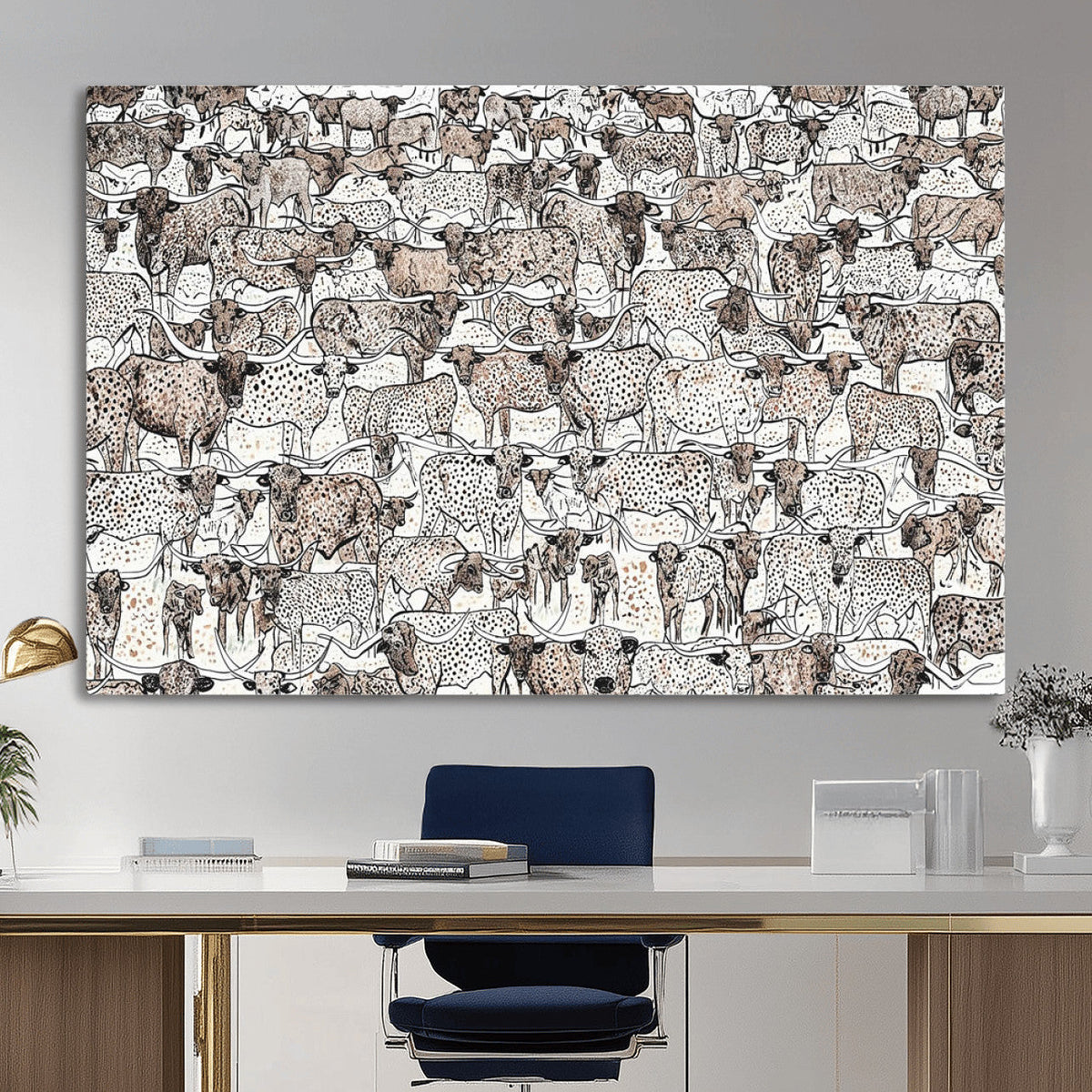 Abstract Texas Cow Wall Art Canvas Print, Farm Longhorn Art for Cabin Decor