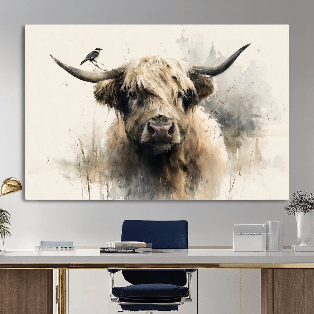 Abstract Highland Cow Wall Art Canvas Print, Rustic Farm Cattle Portrait