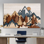 Layered Wooden Mountain Wall Art Canvas Print, Modern Rustic Forest and Pine Landscape