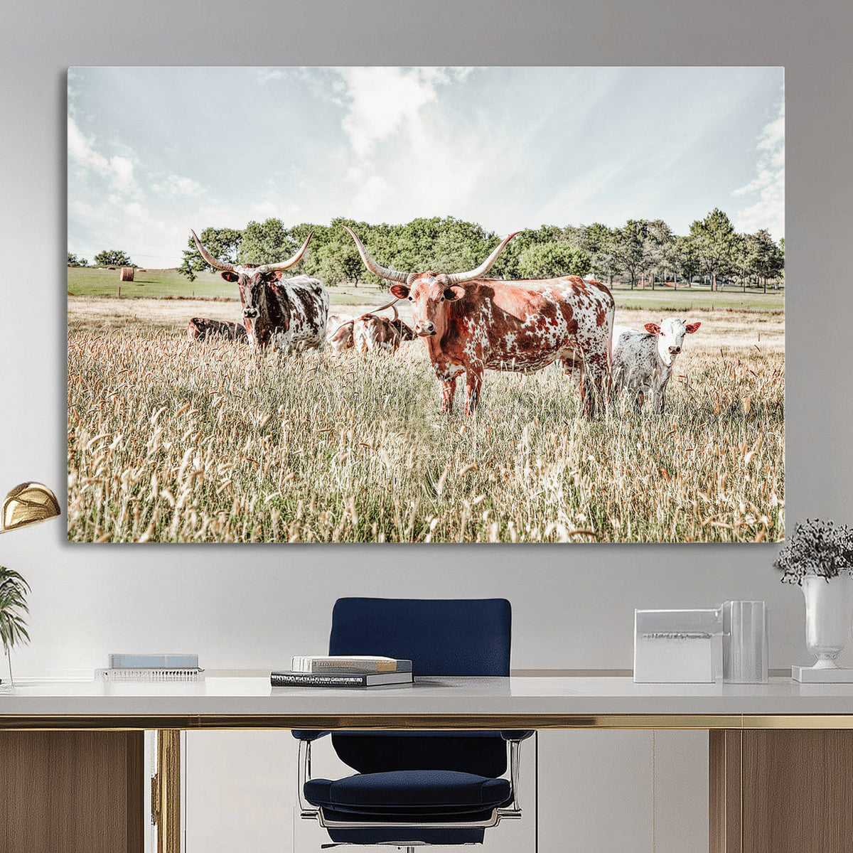 Texas Longhorn Cattle Wall Art Canvas Print, Western Ranch Landscape Decor