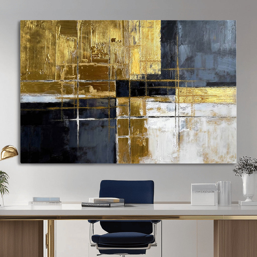 Gold Navy Abstract Wall Art Canvas Print, Modern Luxury Geometric Art for Living Room and Office