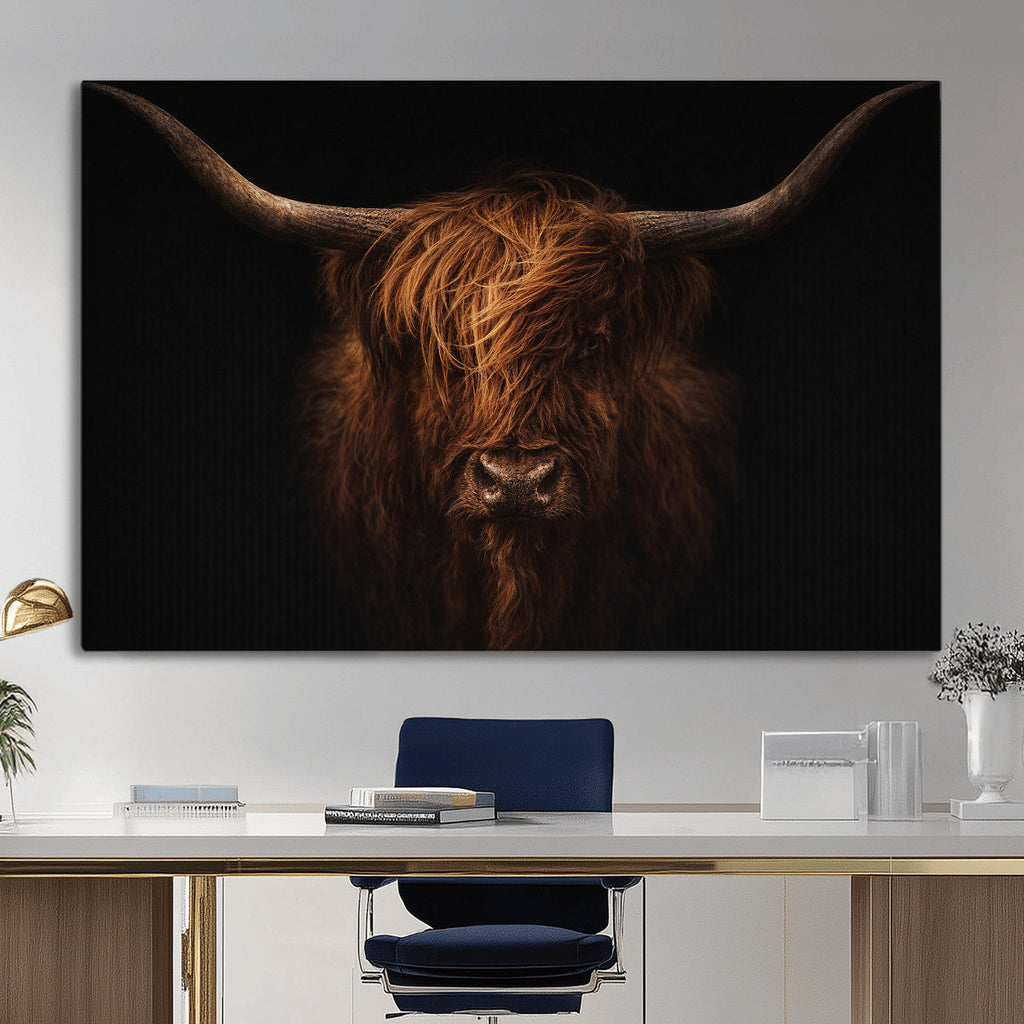Highland Cow Wall Art Canvas Print | Moody Dark Rustic Farmhouse Portrait