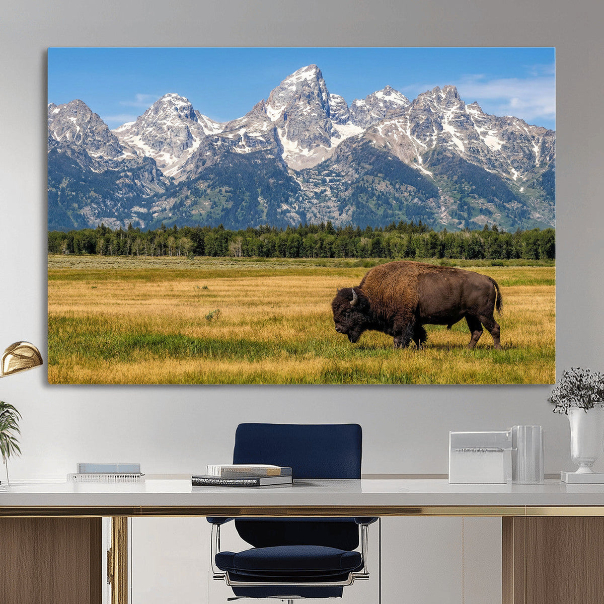 Bison in Mountain Landscape Wall Art Canvas Print, Western Decor