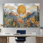 Boho Mountain Landscape Large Wall Art, Horizontal Gold Sun and Flowers Print