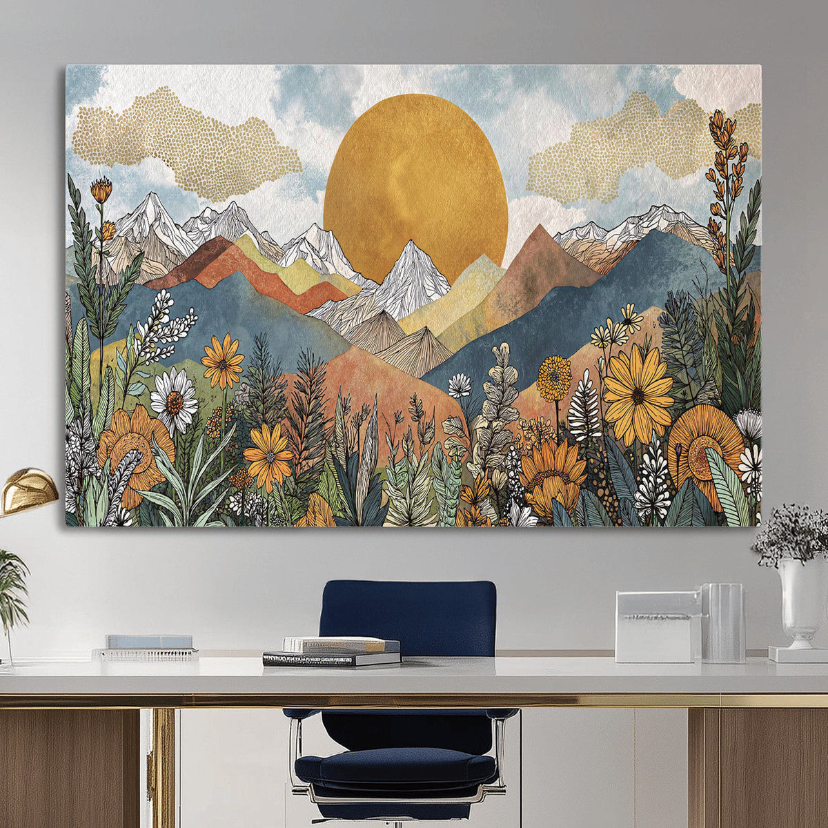 Boho Mountain Landscape Large Wall Art, Horizontal Gold Sun and Flowers Print