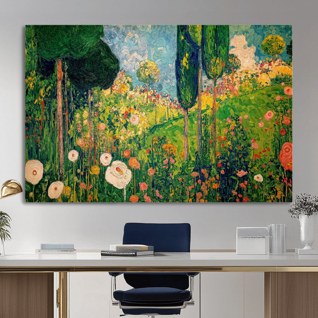 Gustav Klimt Boho Mountain Landscape Large Wall Art, Gold Sun and Flowers Print