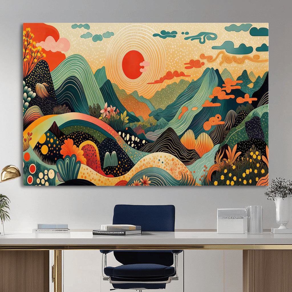 Yayoi Kusama Boho Mountain Landscape Large Wall Art, Gold Sun and Flowers Print