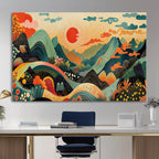 Yayoi Kusama Boho Mountain Landscape Large Wall Art, Gold Sun and Flowers Print