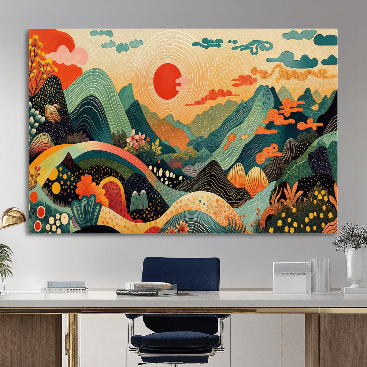 Yayoi Kusama Boho Mountain Landscape Large Wall Art, Gold Sun and Flowers Print