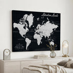 Personalized Black Push Pin Travel Map Canvas Print, Couples Countries Visited Map, Entryway and Hallway Decor