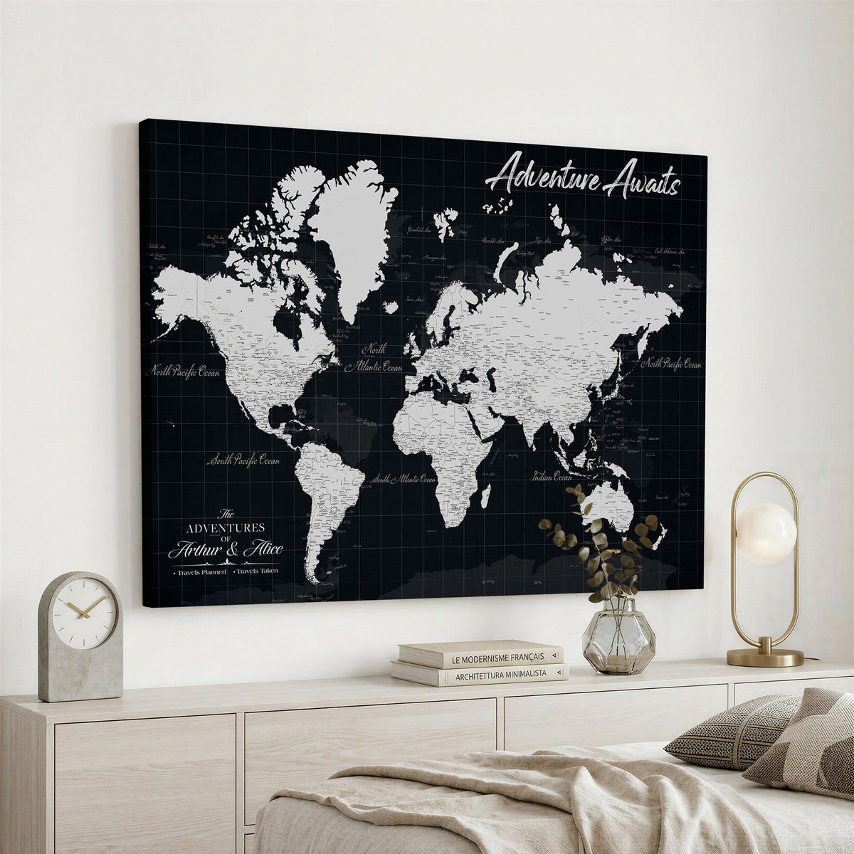 Personalized Black Push Pin Travel Map Canvas Print, Couples Countries Visited Map, Entryway and Hallway Decor
