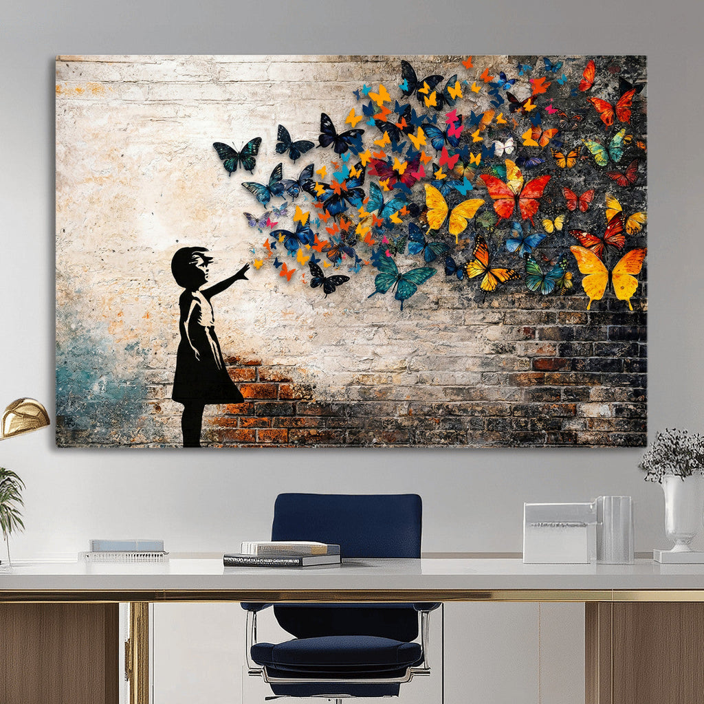 Banksy Graffiti Butterfly Girl Wall Art Canvas Print, Framed
