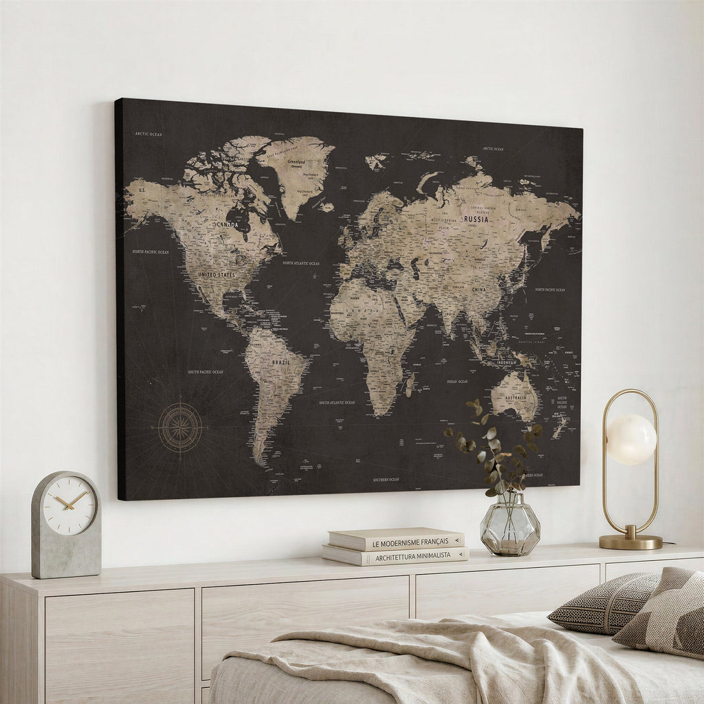 World Map Canvas Wall Art, Dark Charcoal and Antique Tan Detailed Map