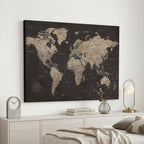 World Map Canvas Wall Art, Dark Charcoal and Antique Tan Detailed Map