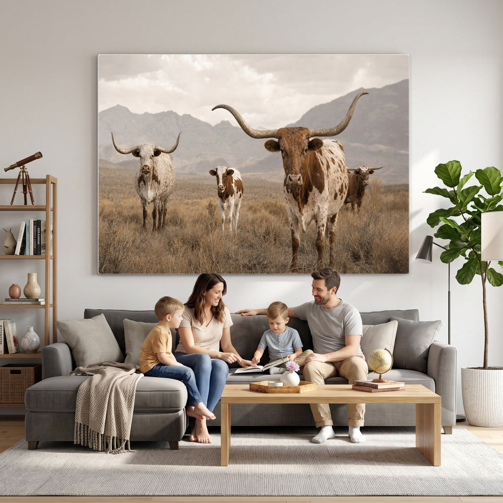Rustic Texas Longhorn Cow Canvas Wall Art Print, Farm Animal Photography