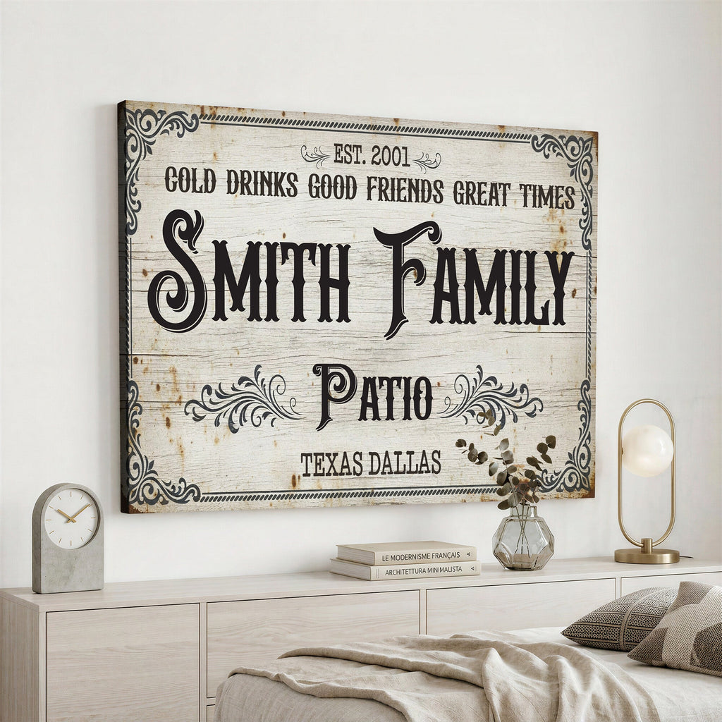 Custom Family Patio Sign Canvas, Personalized Rustic Backyard Decor