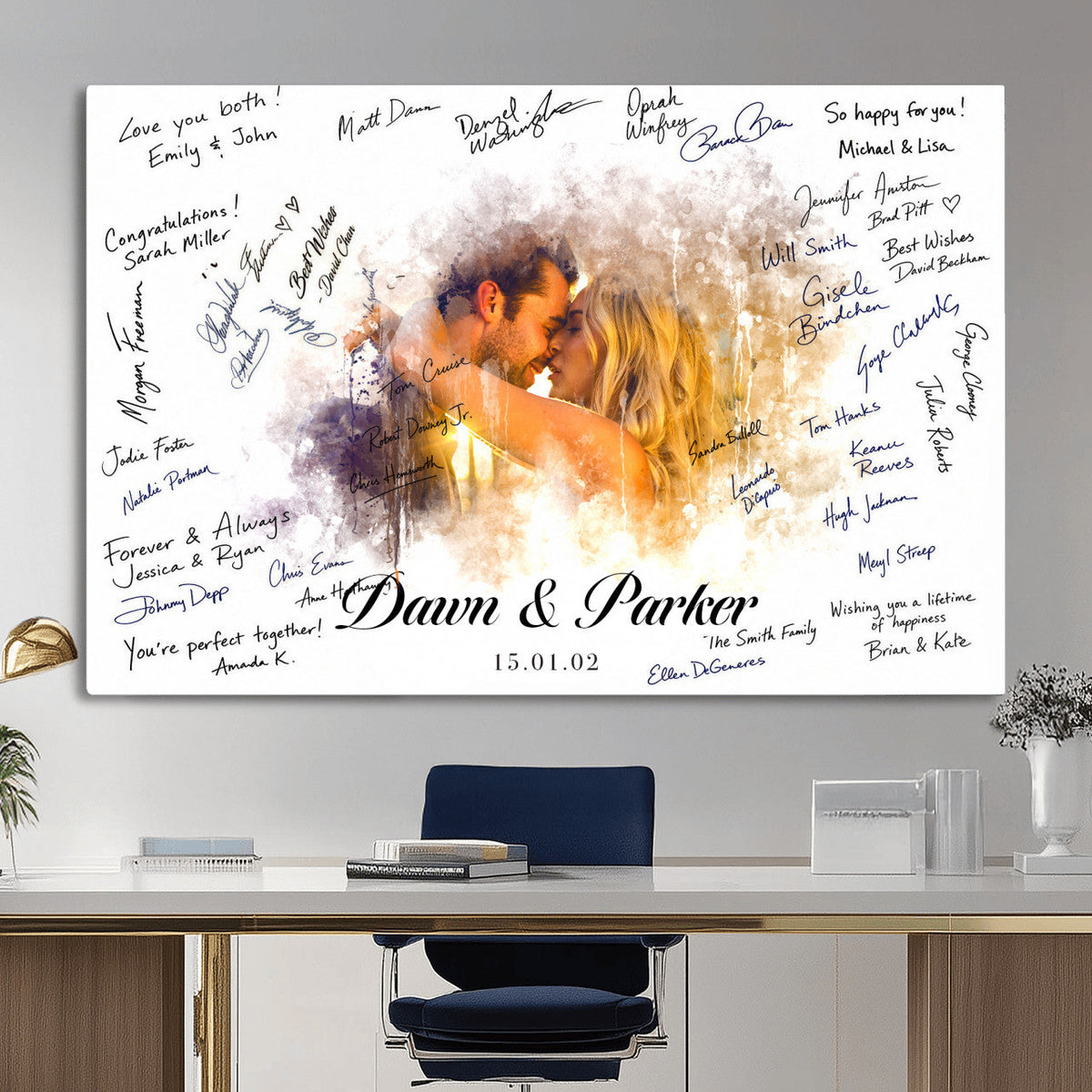 Ink Splash Wedding Guest Book Canvas, Personalized Couple Photo Sign