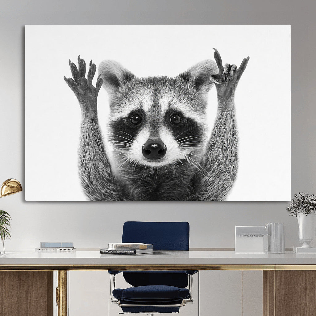 Funny Raccoon Canvas Wall Art, Black White Hands Up Animal Photo Print