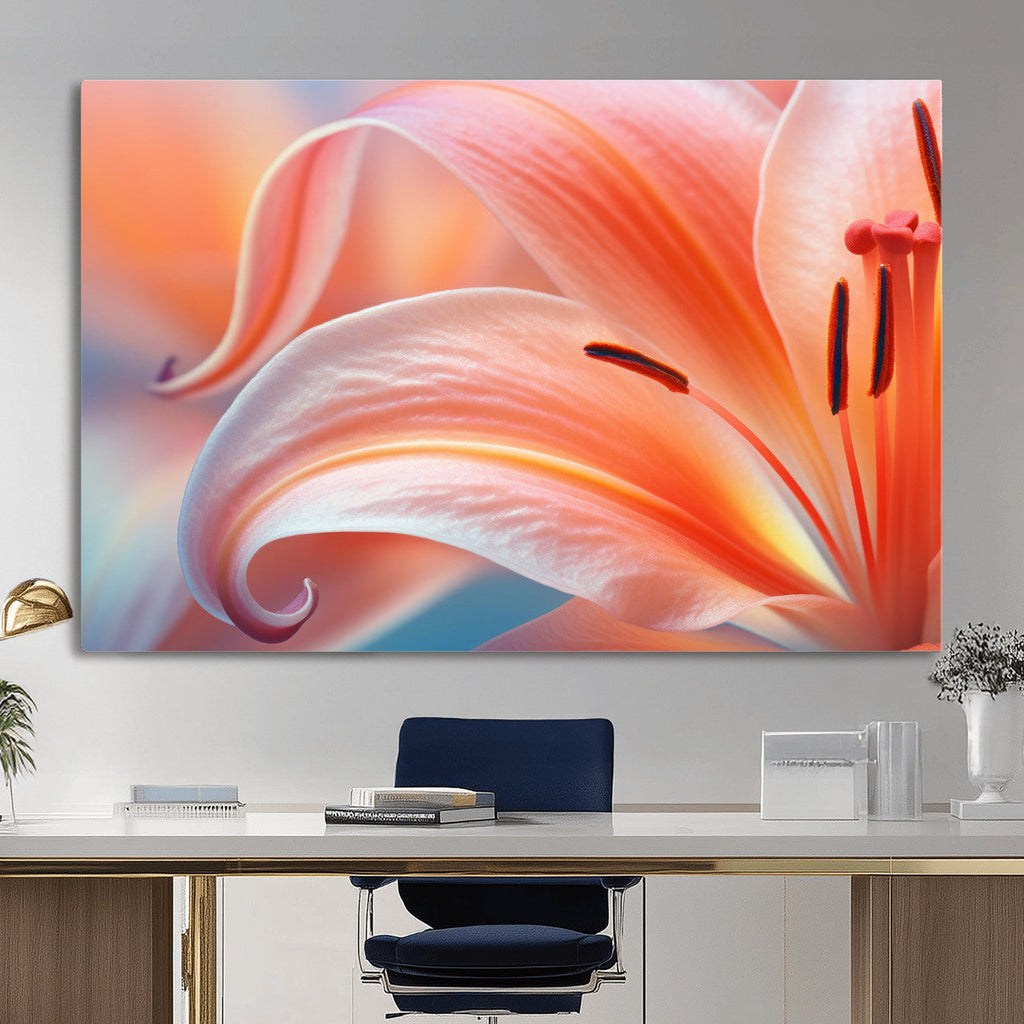 Peach Lily Canvas Wall Art, Coral Pink Flower Macro Photo Print, Botanical Decor