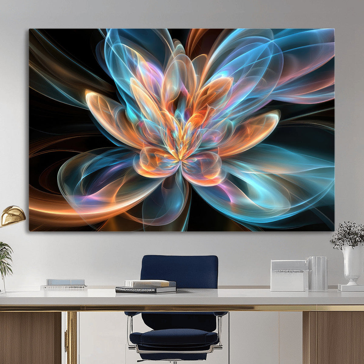 Fractal Lotus Canvas Wall Art, Blue Orange Glowing Flower Abstract Print