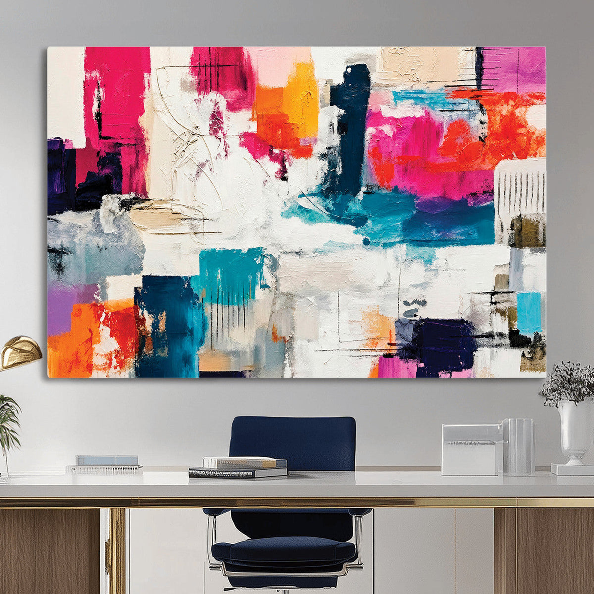 Blue Teal Abstract Canvas Wall Art, Modern Brushstroke Style Print, Navy Orange Contemporary Decor