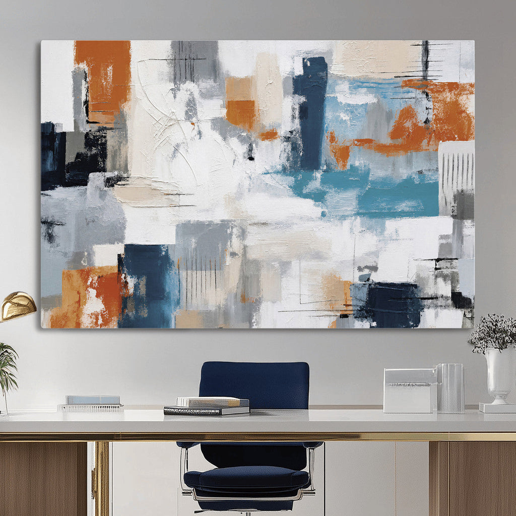 Blue Teal Abstract Canvas Wall Art, Modern Brushstroke Style Print, Navy Orange Contemporary Decor