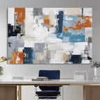 Blue Teal Abstract Canvas Wall Art, Modern Brushstroke Style Print, Navy Orange Contemporary Decor