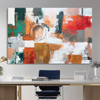 Blue Teal Abstract Canvas Wall Art, Modern Brushstroke Style Print, Navy Orange Contemporary Decor