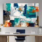 Blue Teal Abstract Canvas Wall Art, Modern Brushstroke Style Print, Navy Orange Contemporary Decor