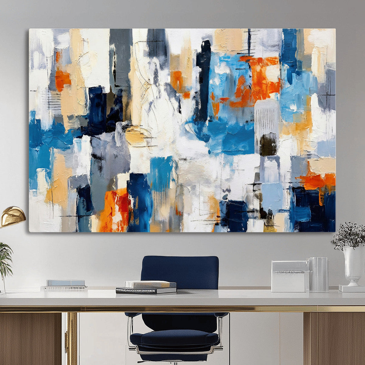 Blue Teal Abstract Canvas Wall Art, Modern Brushstroke Style Painting Print, Navy Orange Contemporary Decor