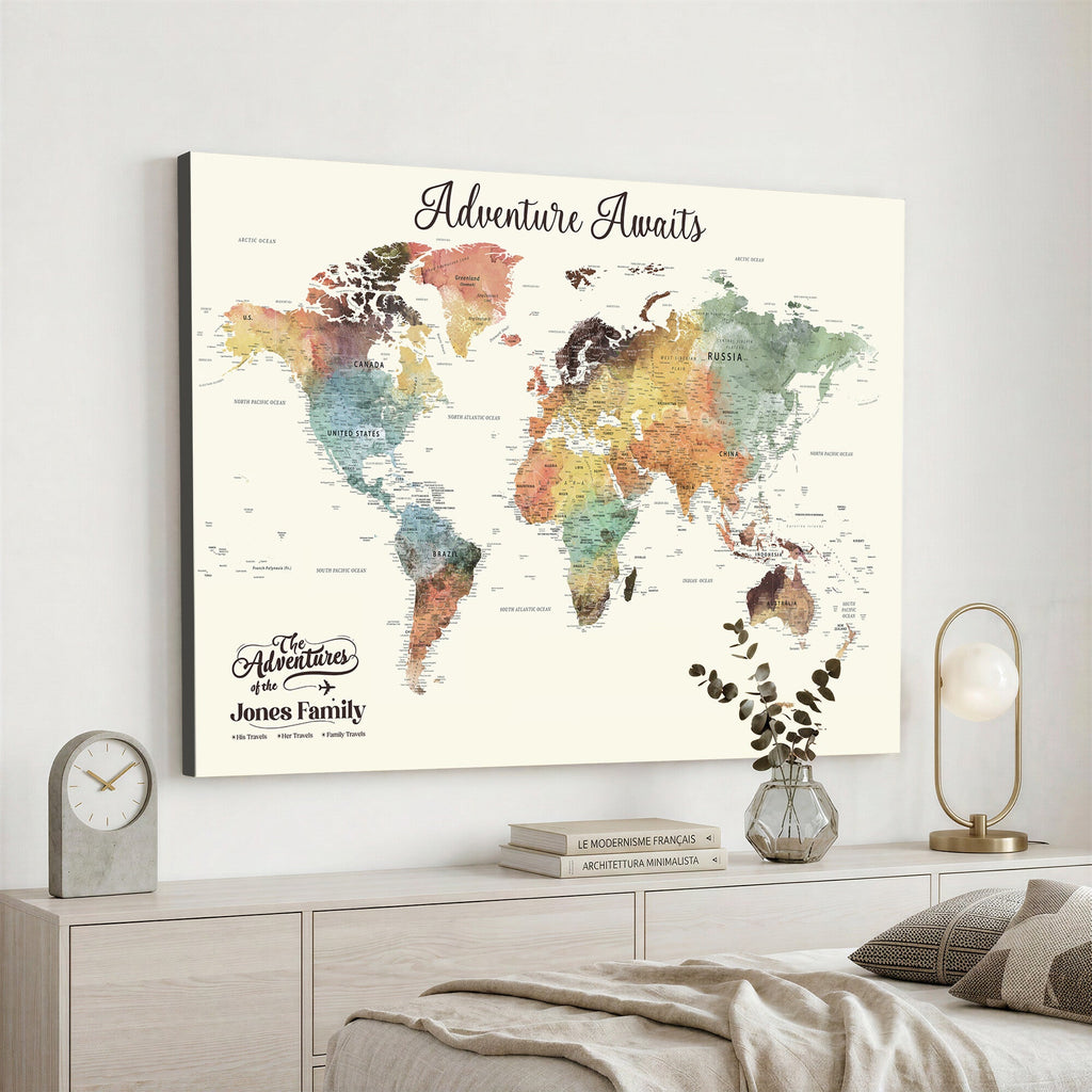 Personalized Framed Beige Modern Push Pin Travel Map Canvas Print, Family Travel Tracker, Bedroom and Home Office Decor