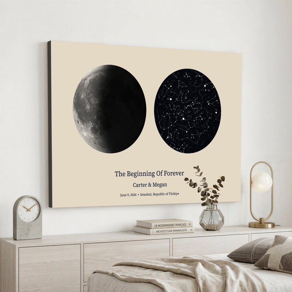 Moon and Stars Canvas Print, Personalized Moon Phase and Star Map Art