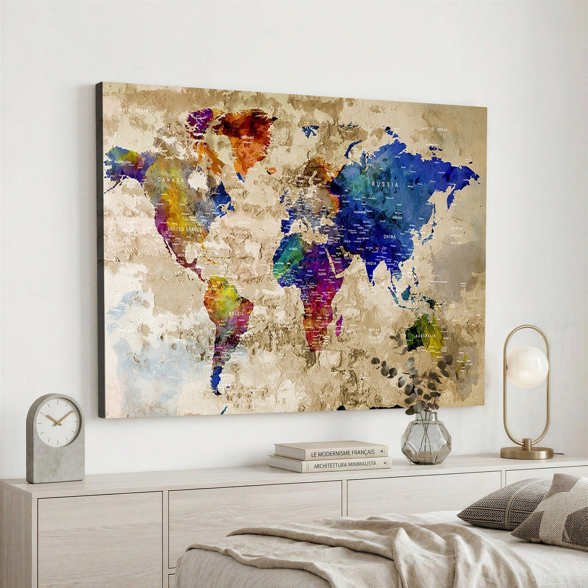 Colorful World Map Canvas Wall Art | Abstract Watercolor Map Print