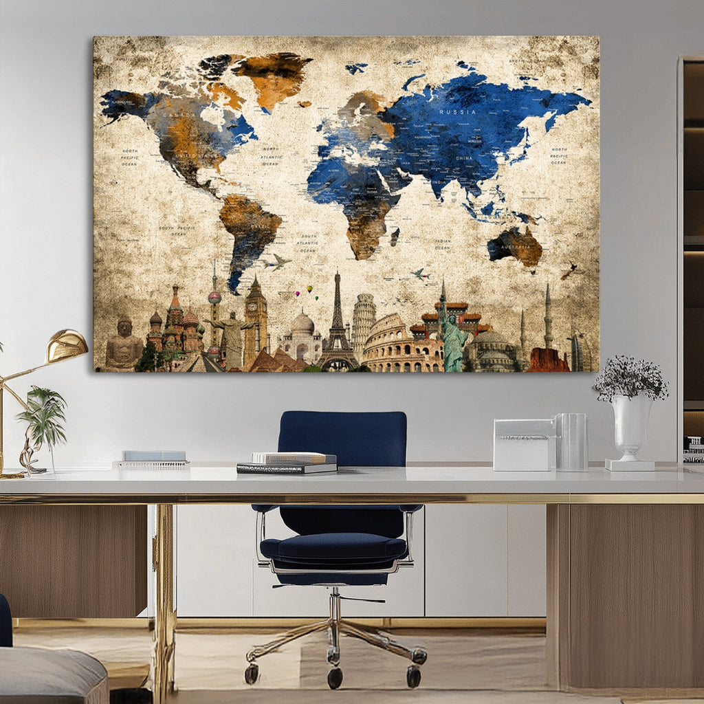 World Map Canvas Print | Vintage Blue and Gold World Map Wall Art