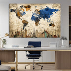 World Map Canvas Print | Vintage Blue and Gold World Map Wall Art