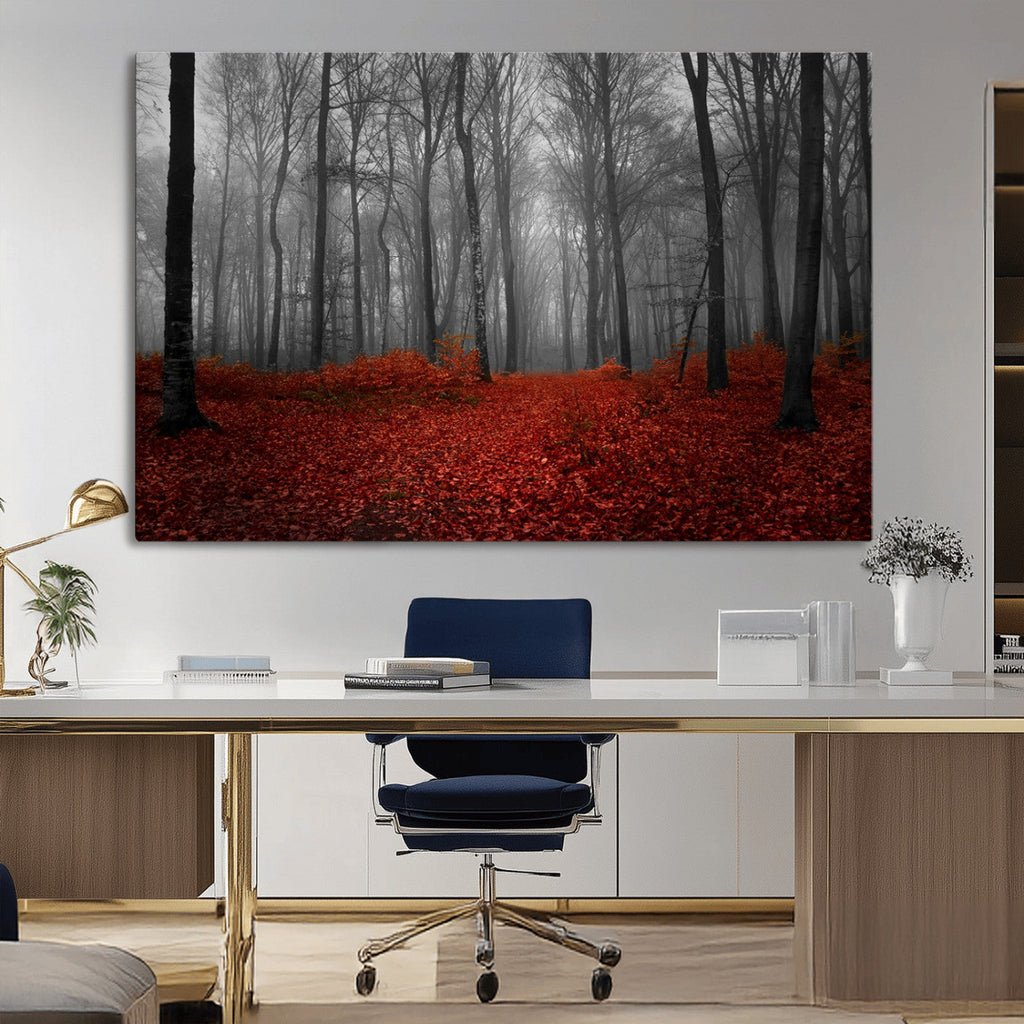 Red Forest Floor Canvas Wall Art | Mystical Foggy Woodland Triptych