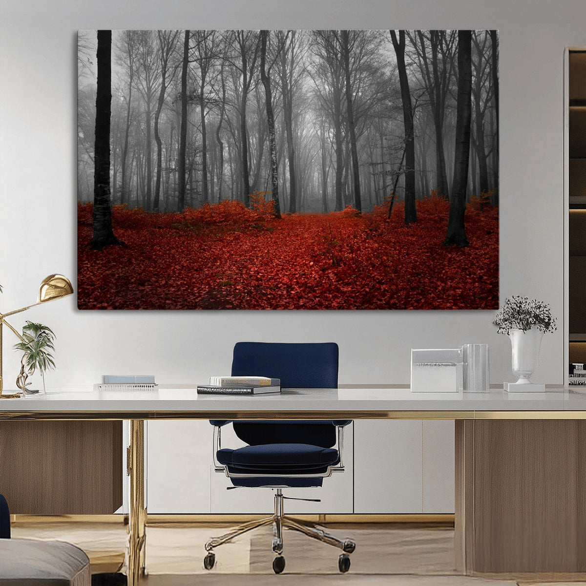 Red Forest Floor Canvas Wall Art | Mystical Foggy Woodland Triptych